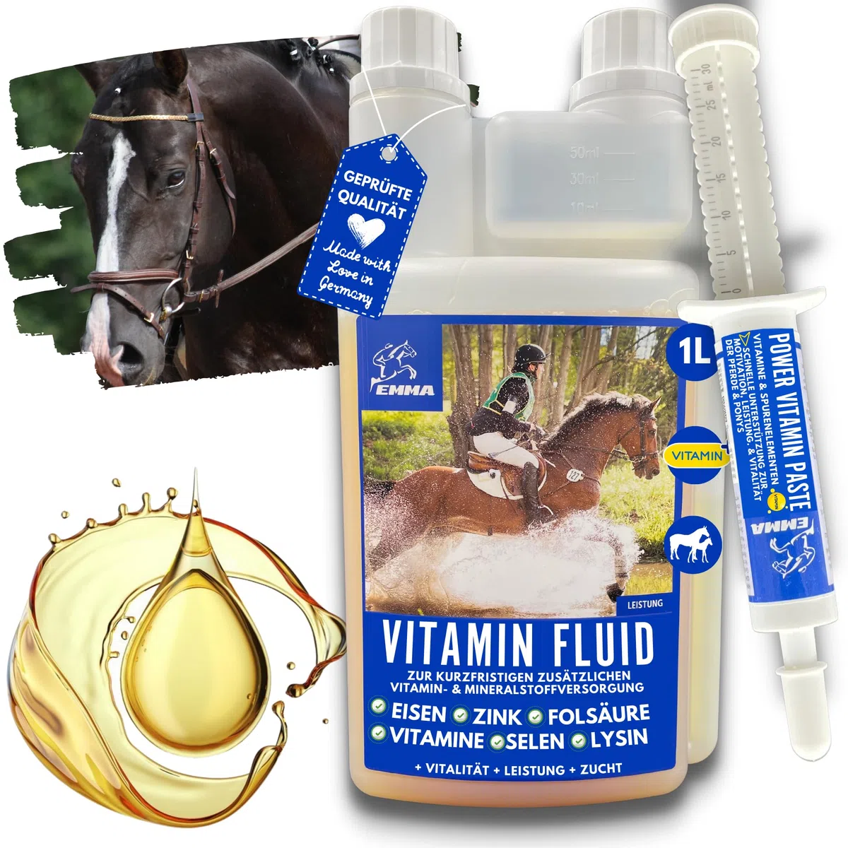 Chevaux Vitamines + Booster I Aliment minéral pour Chevaux Liquid I Vitamine E B Complexe B12 Fer Sélénium Zinc Cheval I Vitamine b1 b6 Renforcer Le système immunitaire Aliment reconstituant 1L 30ml