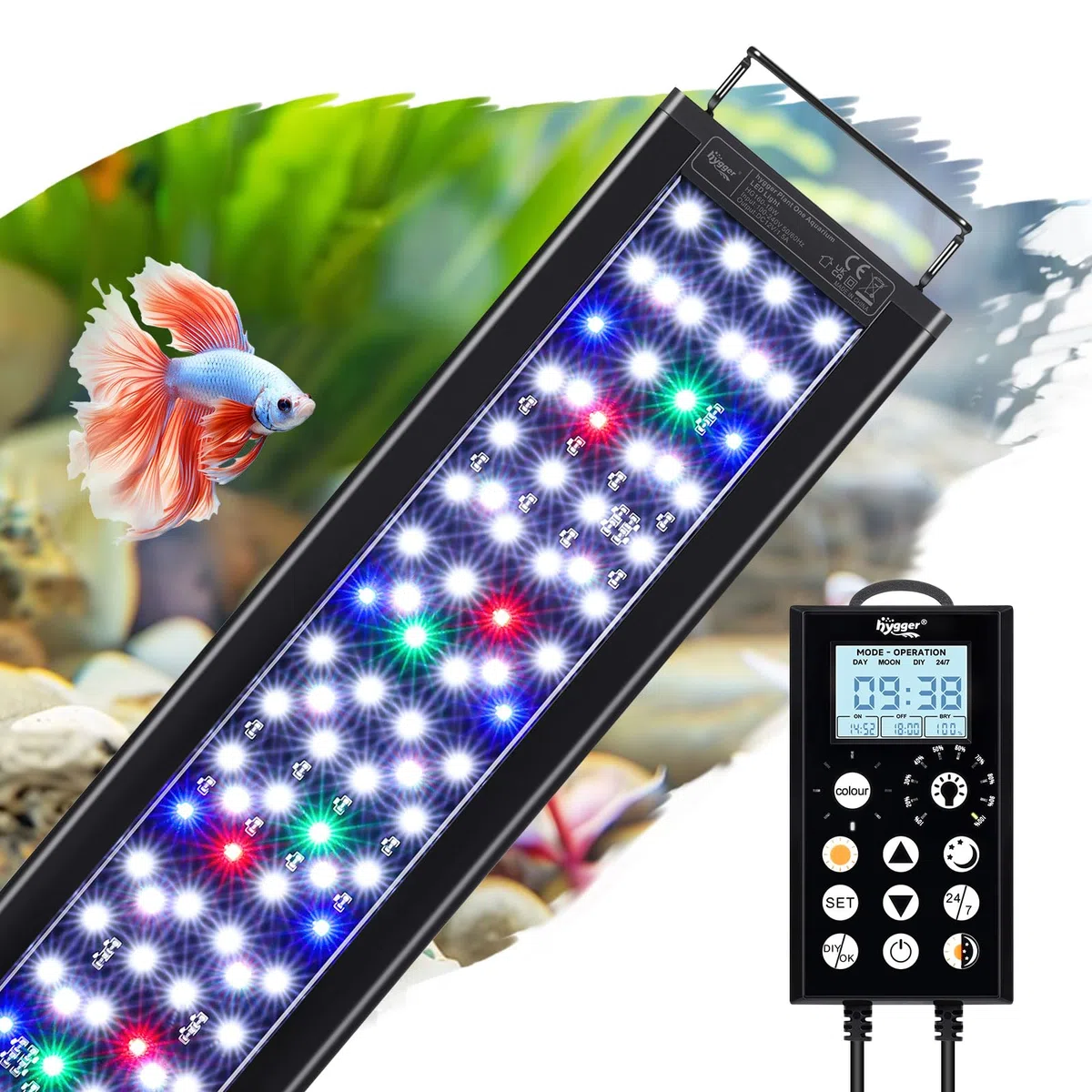 hygger Lumière LED d'aquarium, Lumière à aquarium à spectre complet, Lumière pour plantes d'aquarium avec contrôleur, 5 modes avec minuteur, 8 couleurs, luminosité réglable 10 (18W（30-45CM）)