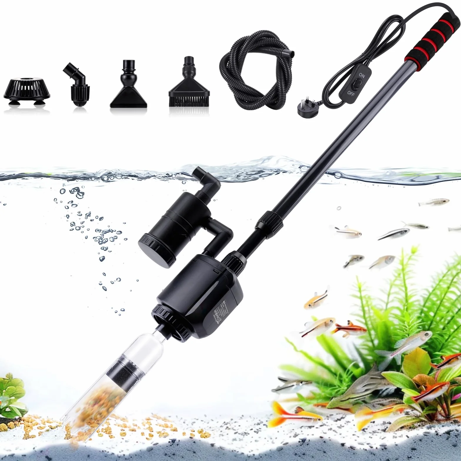 AQQA Aspirateur de fond pour aquarium, 6 en 1 électrique pour changement d'eau d'aquarium, nettoyeur de gravier d'aquarium 20W, aspirateur pour changement d'eau, filtre pour sable et gravier